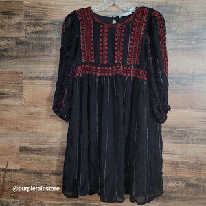 Zara Baby Doll Mini Dress S Chiffon Floral Embroidered Silver Metallic Detail